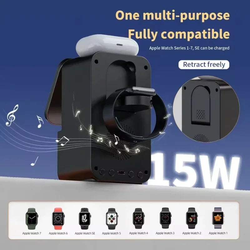 Bluetooth speaker charger with five in one speaker and wireless fast charging suitable for Apple Aeries phones/headphones/watche