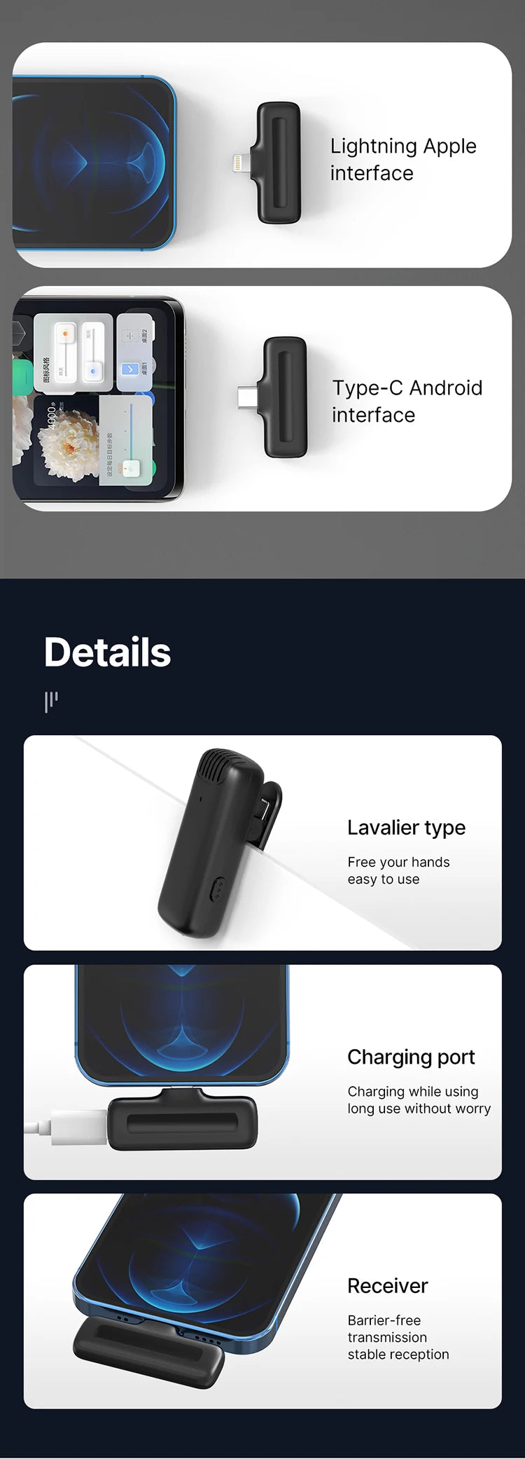 Wireless Lavalier Microphone Dual Mic Plug & Play for iPhone Android Live Recording
