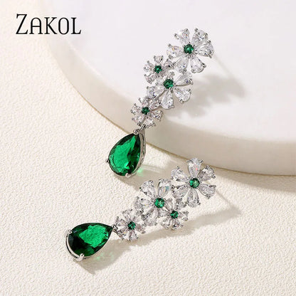 Vintage Luxury Green CZ Water Drop Flower Dangle Earrings