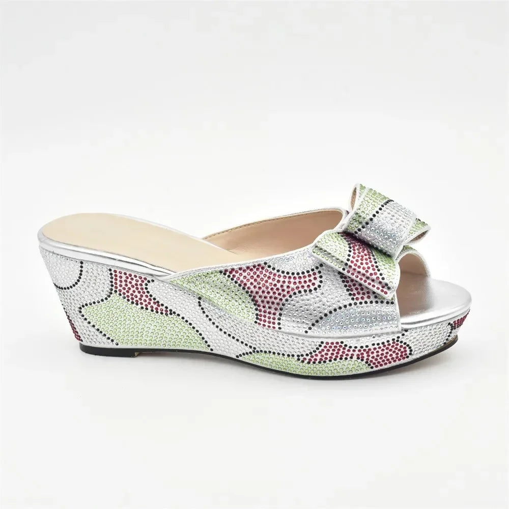 Design Italian Shoes and Bags Matching Set Decorate with Rhinestone Wedges Shoes for Women Luxury Round Toe Platform Shoes