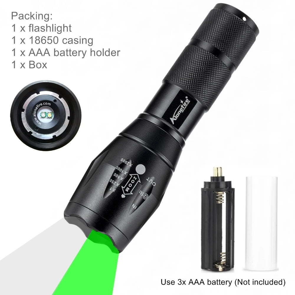 2 In 1 White Green Light Zoom Rechargeable Flashlight