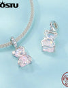 925 Sterling Silver Princess Pink Bear Bead Ballet Girl Charm Shoe Bow Pendant