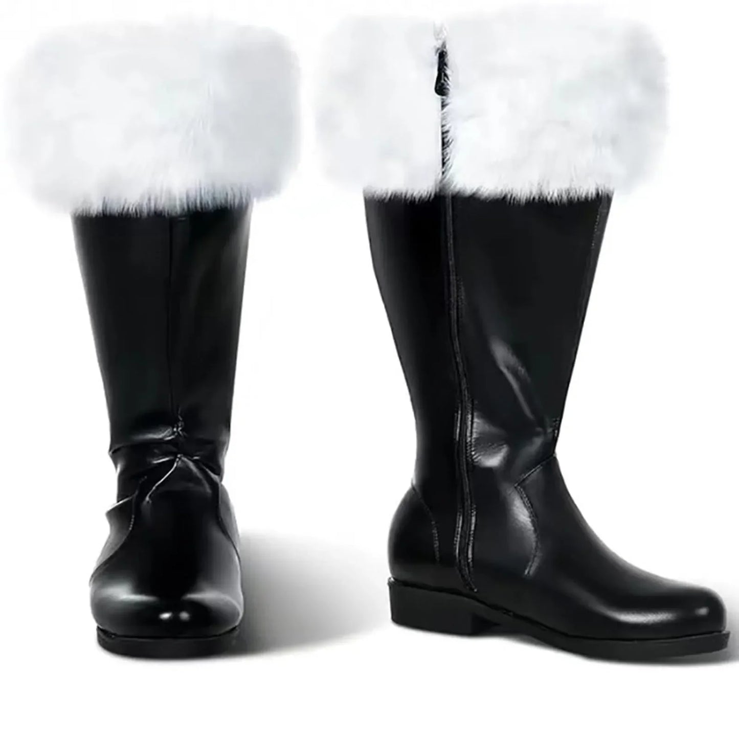 Christmas Santa Claus Boots Cosplay Black Leather Shoes White Plush Cuffs Foot Halloween Christmas Winter Boots