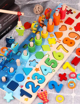 3D Preschool children educational toys wooden Montessori arithmetic magnetic fishing digital shape matching building block toys