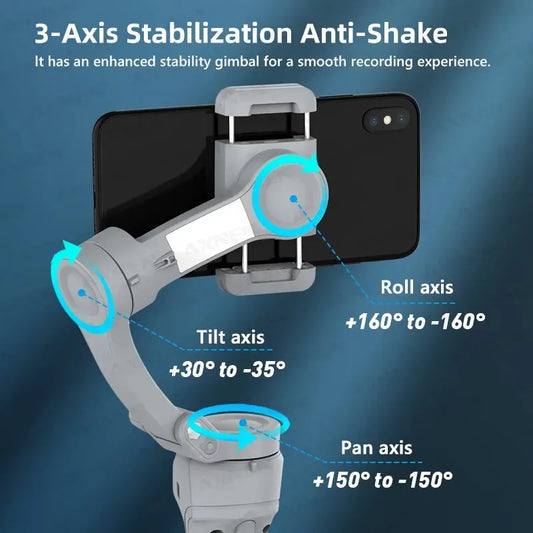HQ6 3-Axis Gimbal Handheld Stabilizer for Cellphone, with Fill Light, Face Tracking, for iPhone Android Video Recording