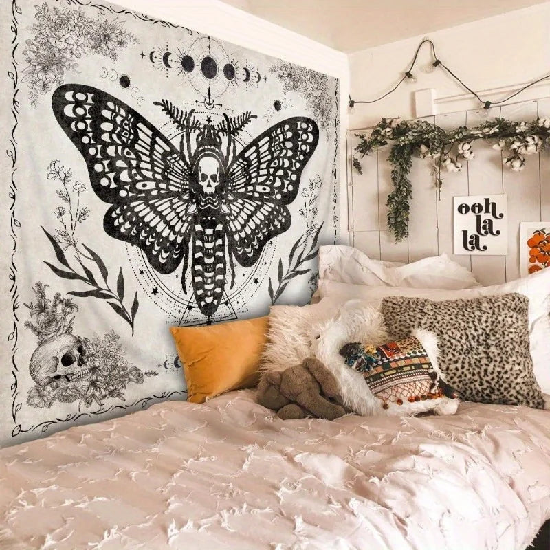 Dark Night Skull Butterfly Moon Phase Tapestry Gothic Style Bedroom Dark Theme Room Decor