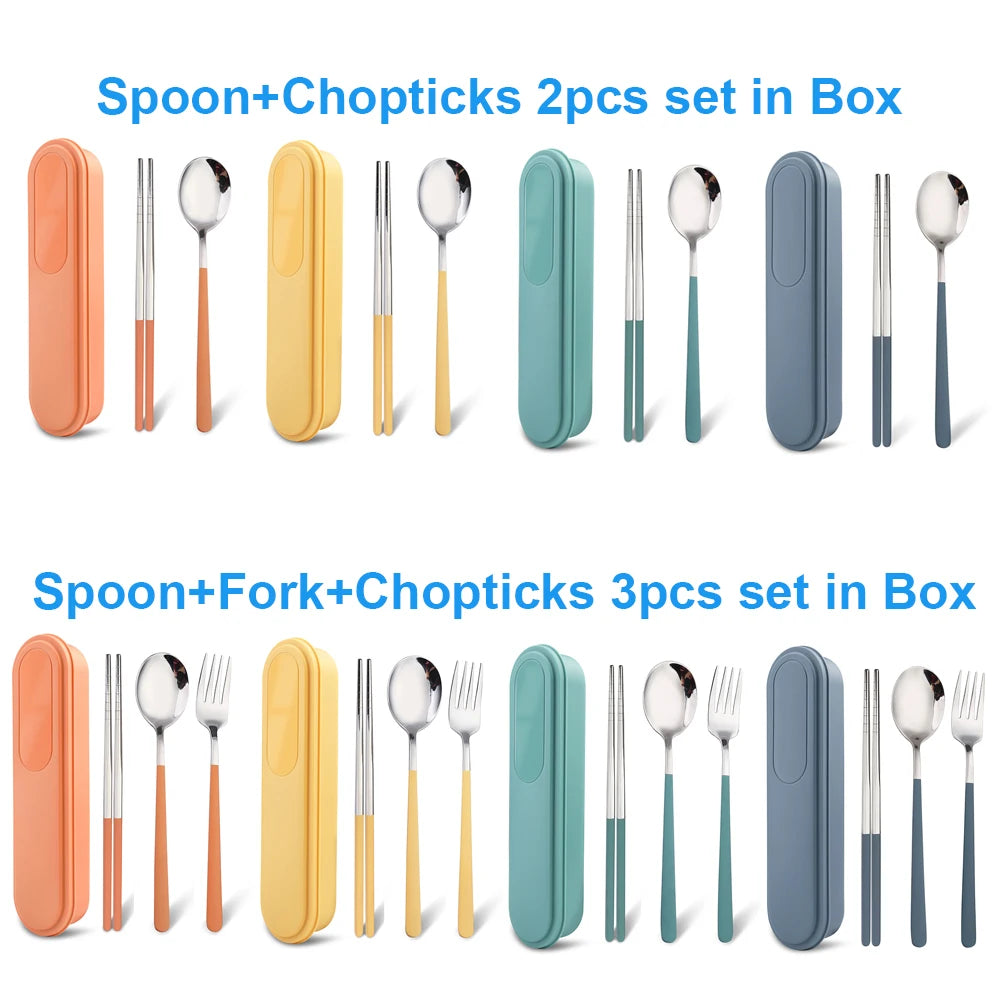 Portable Stainless Steel Cutlery Set with Storage Box, 304 Steel Fork Spoon, Travel Flatware for Student Outdoor, Dinnerware Set