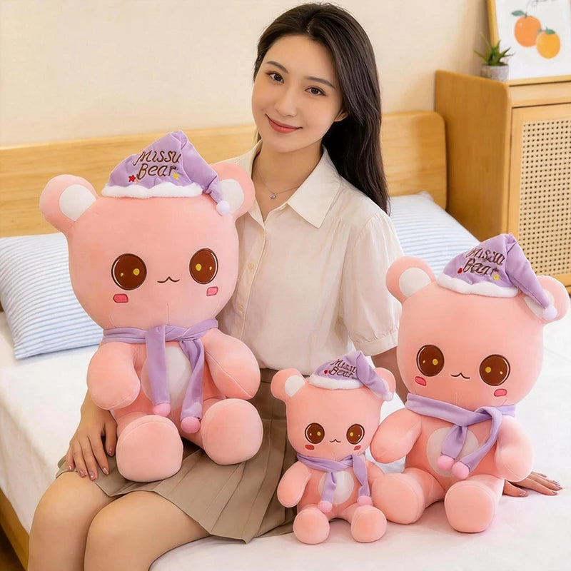 Cute Bear Plush Toy With Sleep Hat And Scarf Soft Pillow