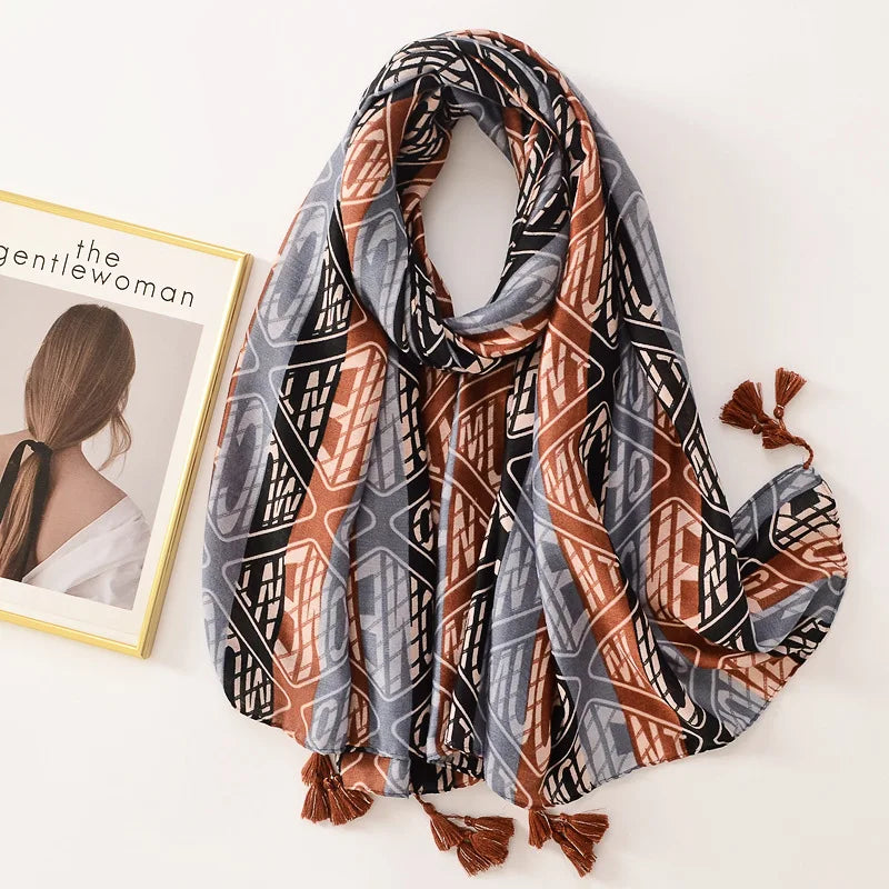 Beige Coffee Scarf Luxury Thin Women Scarves Spring Floral Hijab Veils Soft Cotton Shawl Wrap Tassel Viscose Muslim Woman Hijab