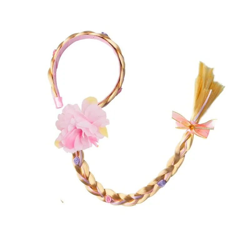 Princess Girls Flowers Headband Flower Fary Dress Up Weaving Long Braid Wig Headband Kids Halloween Rapunzel Cosplay Head Wear