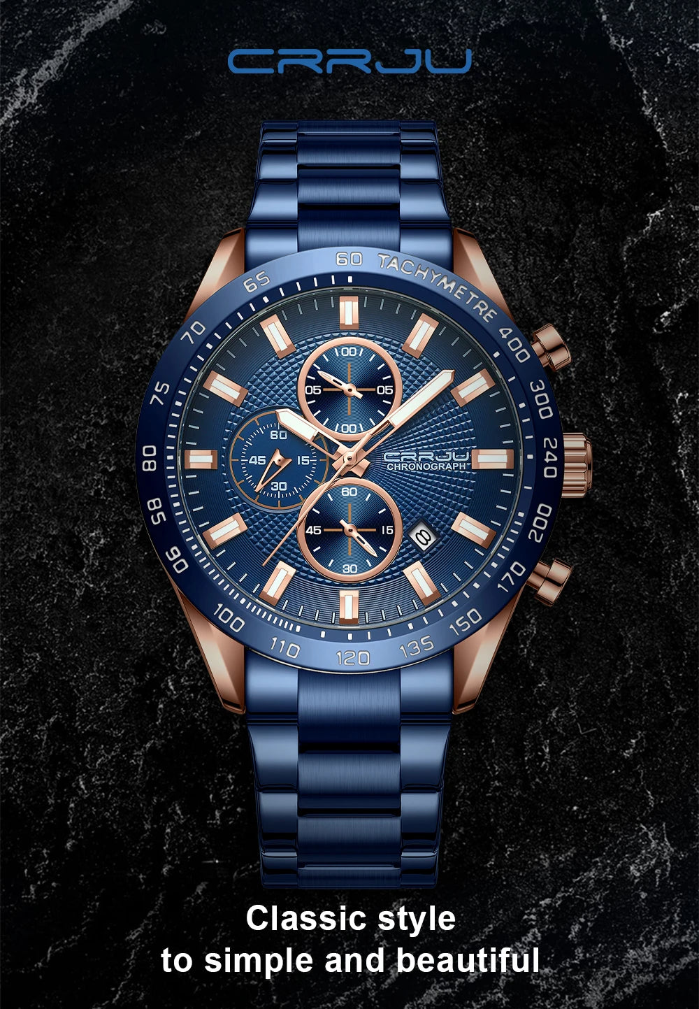 Men Watch Fashion Sports Chronograph Wristwatches Stainless Steel Strap with Auto Date