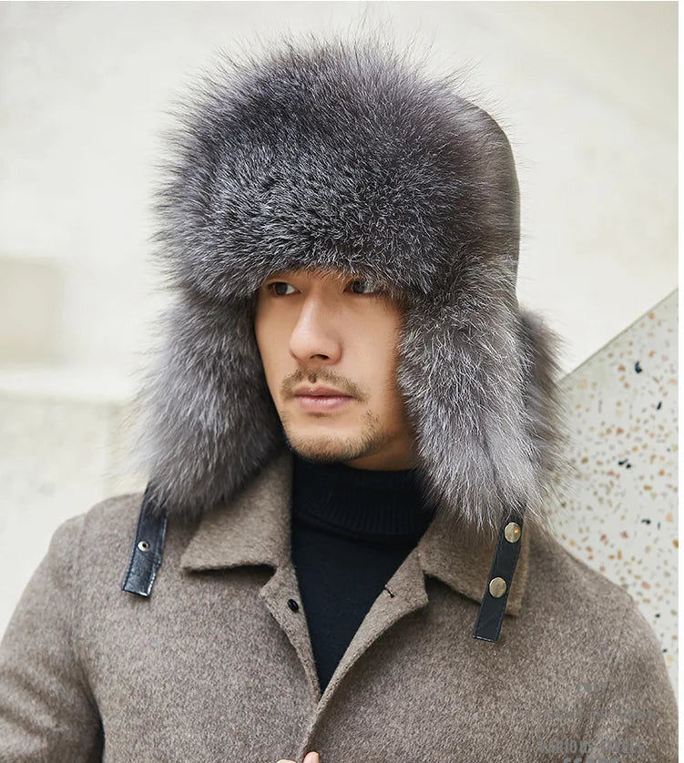 Fox Fur Cap Man Winter Genuine 100% Fur Bomber Hat Windproof Warm Earmuffs Male Flat Grey/Black Russian Hat Fitted Casquette