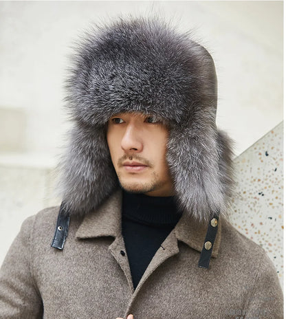 Fox Fur Cap Man Winter Genuine 100% Fur Bomber Hat Windproof Warm Earmuffs Male Flat Grey/Black Russian Hat Fitted Casquette