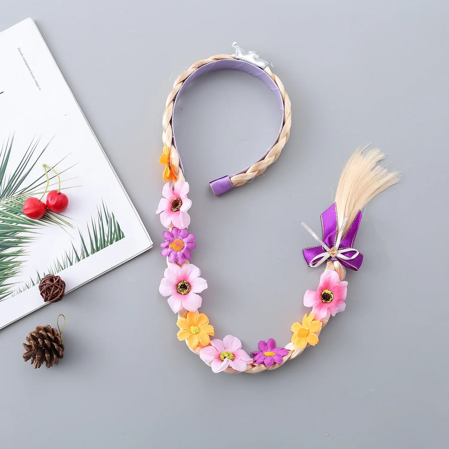 Girls Pink Blue Purple Flower Weaving Braid Headband  Princess Dress Up Hair Accessories Aurora Elsa Sofia Rapunzel Wig