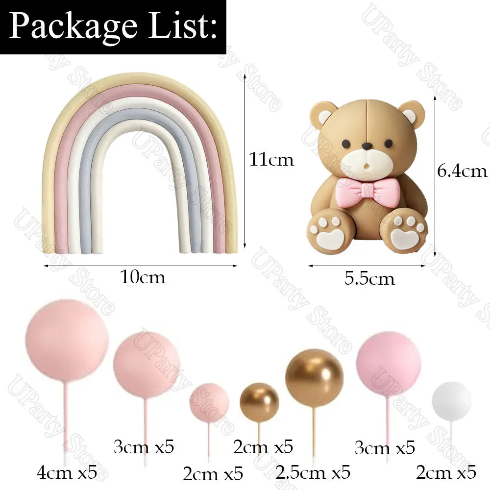 1 Set Pink Bear Cake Toppers Boho Rainbow Nude  Pink Balls Cake Decorations for Birthday Baptism  Shower Party Favor