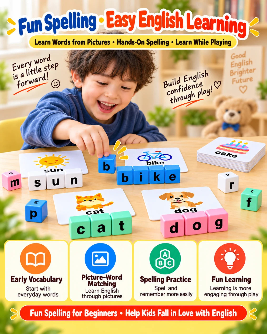 Wooden Alphabet Word Spelling Game with Flash Cards