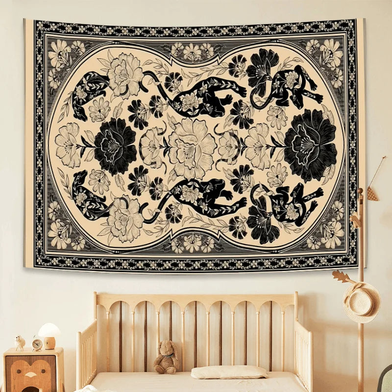 Art Black and White Leopard Print Floral Tapestry Retro Living Room Sofa Decor for Cafes Bohemian Style Home Decor