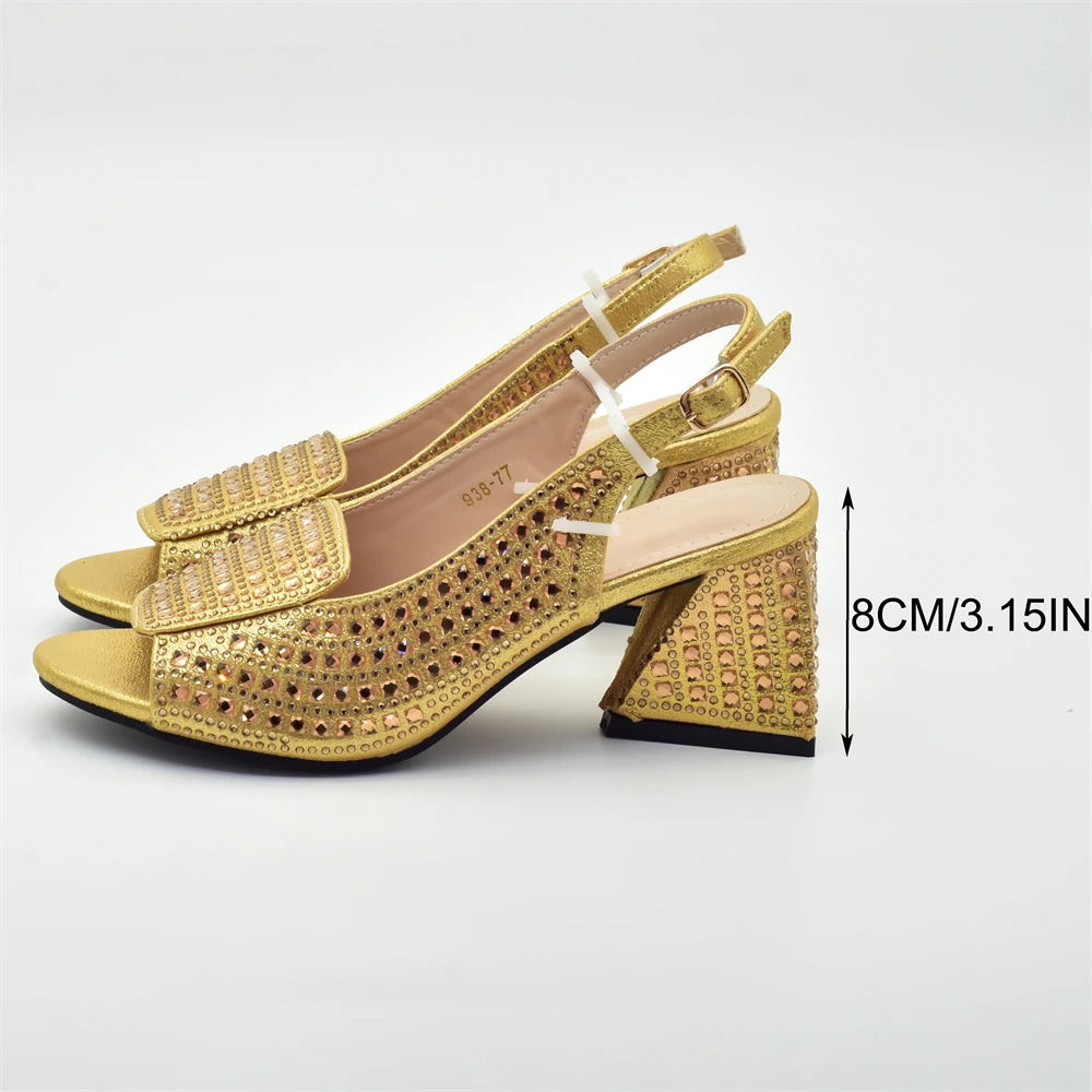 Nigerian Women's Purple Color Mid Heels Frosted Crystal Shiny Rhinestone Party Itaian Design Peep Toe Shoes and Bag Set