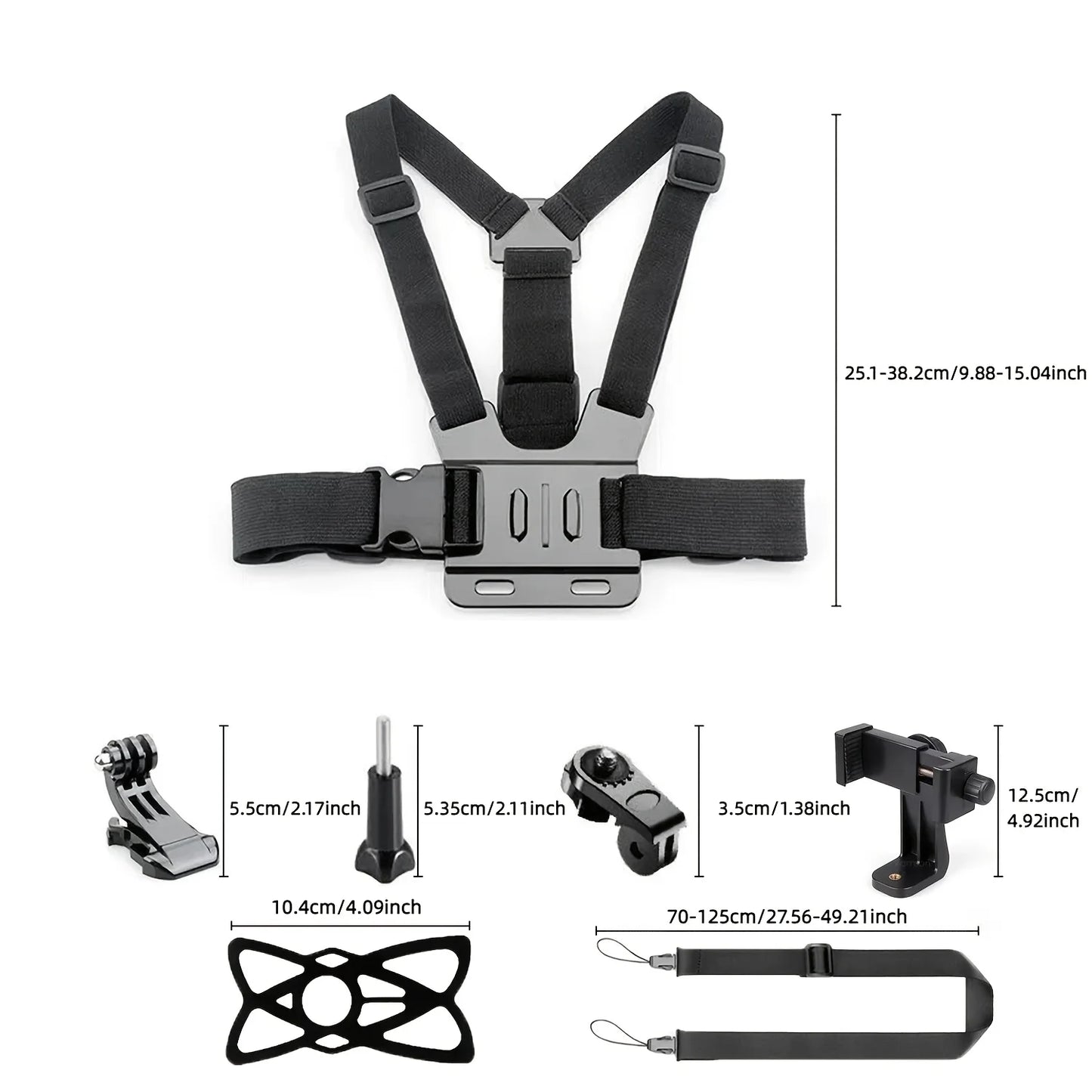 Adjustable Headband and Chest Mount Strap Holder for Mobile Phones and Action Cameras Compatible with GoPro DJI and More Hands Free Shooting Accessory