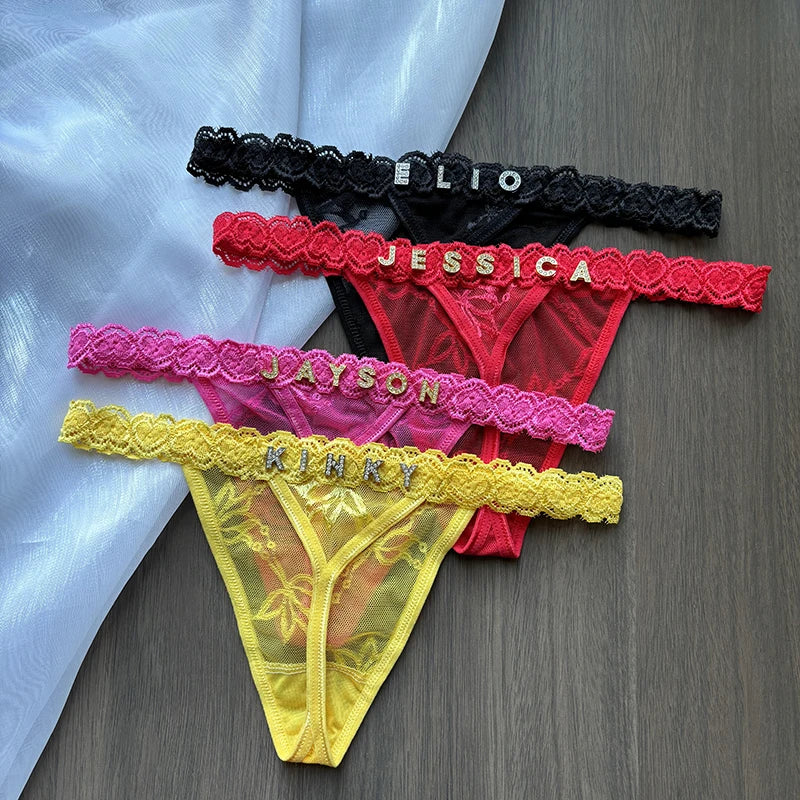 Custom Name Crystal Letter Thong Lace Bikini Panties Personality G-String Low Waist Briefs Body Jewelry For Lovers Gifts