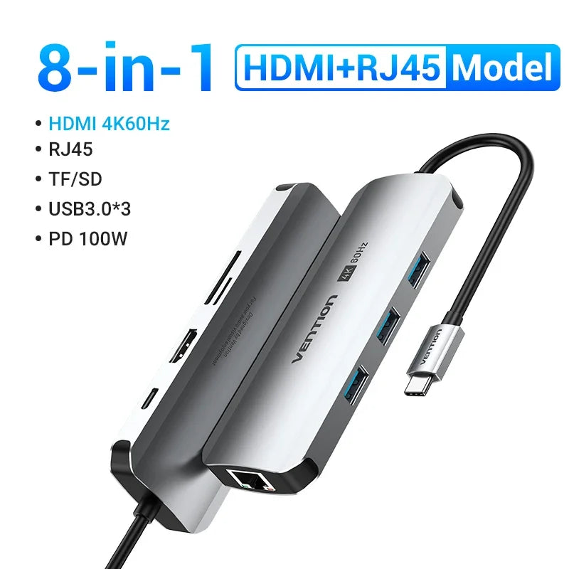 USB C HUB HDMI 4K60Hz RJ45 PD 100W USB Splitter Adapter USB 3.0 HUB For iPhone 15 Macbook Air Pro iPad Samsung Laptop PC