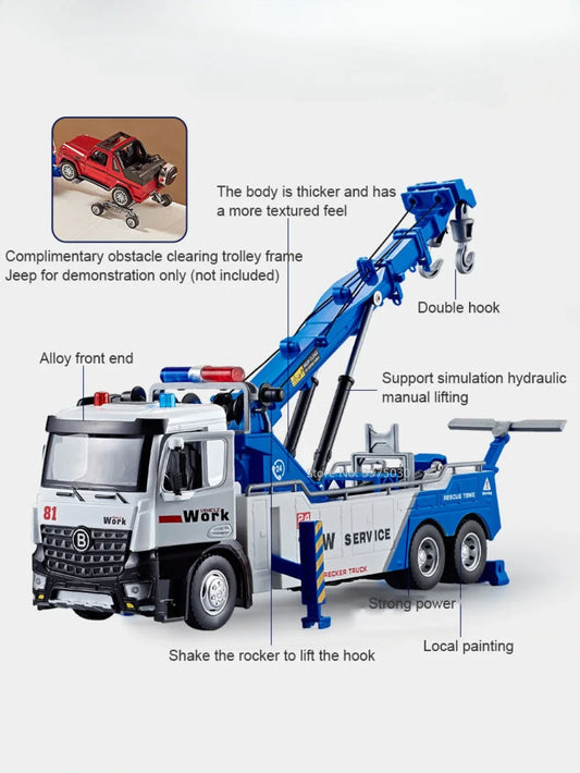 1/50 Scale Double Hook Rescue Crane Truck Alloy Model Toys Metal Diecast Engineering Vehicle Sound Light Gifts for Boys Birthday