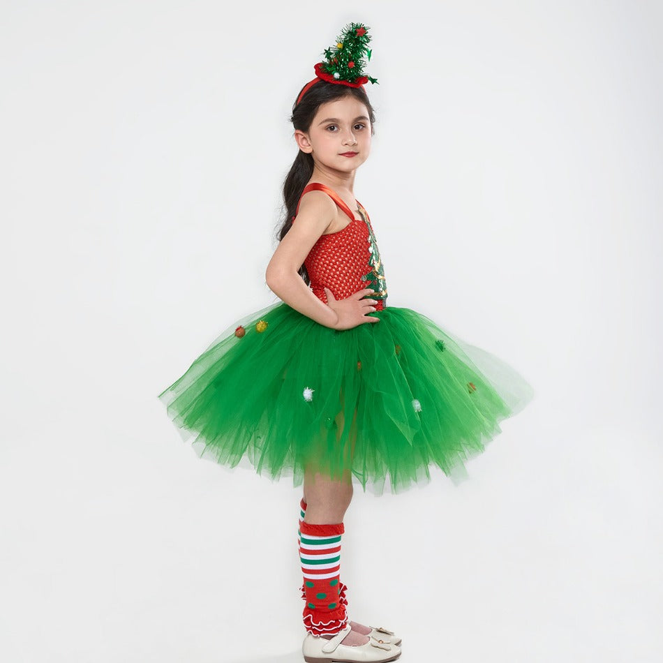 Sparkly Christmas Elf Tutu Dress for Girls Santa Claus Costumes for Kids Birthday Halloween Outfit Children Xmas Holiday Clothes