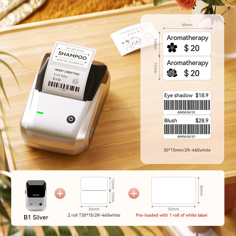B1 Portable Label Printer, Bluetooth Wireless Mini Thermal Label Maker 20–50mm, Inkless Sticker Printer for Home & Business