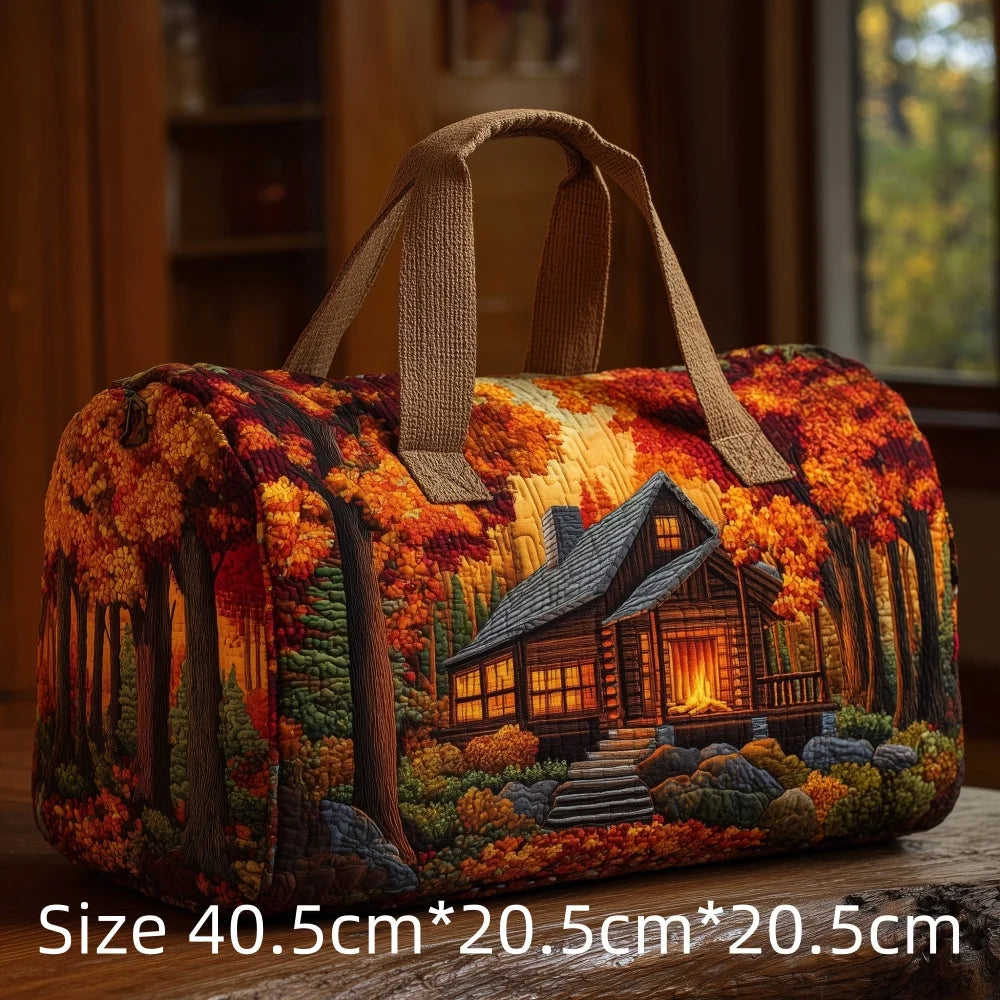 3D Print Quilted Travel Bag Autumn Mountain Forest Cabin Tote Weekender Duffle for Women Men Vintage Nature Landscape Hangbag