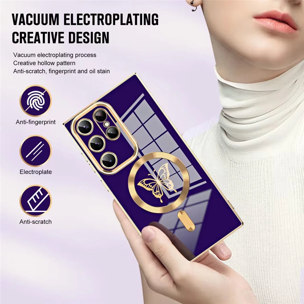 Luxury Electroplate  Butterfly Case For Samsung S23 Ultra S22 S21 Plus For Magsafe Wireless Charging Soft Silicone Cover