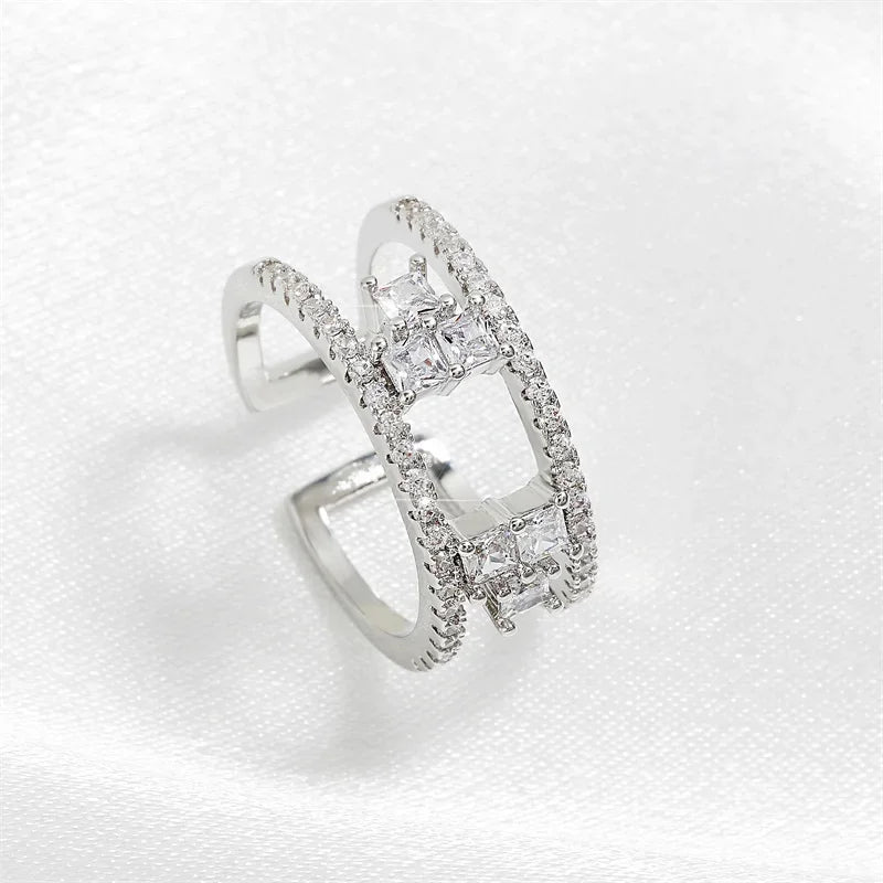 Geometric Double Layer Open Rings for Women Korean Fashion Delicate Inlaid Cubic Zircon Ring