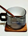300ml Heat-resistant Stripe American Latte Glass Coffee Mug With Wooden Tray Spoon Milk Tea Cup Fresh Ground Coffee Cup
