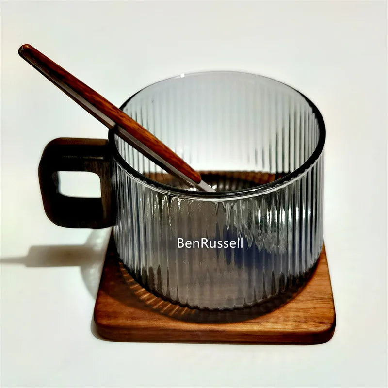 300ml Heat-resistant Stripe American Latte Glass Coffee Mug With Wooden Tray Spoon Milk Tea Cup Fresh Ground Coffee Cup