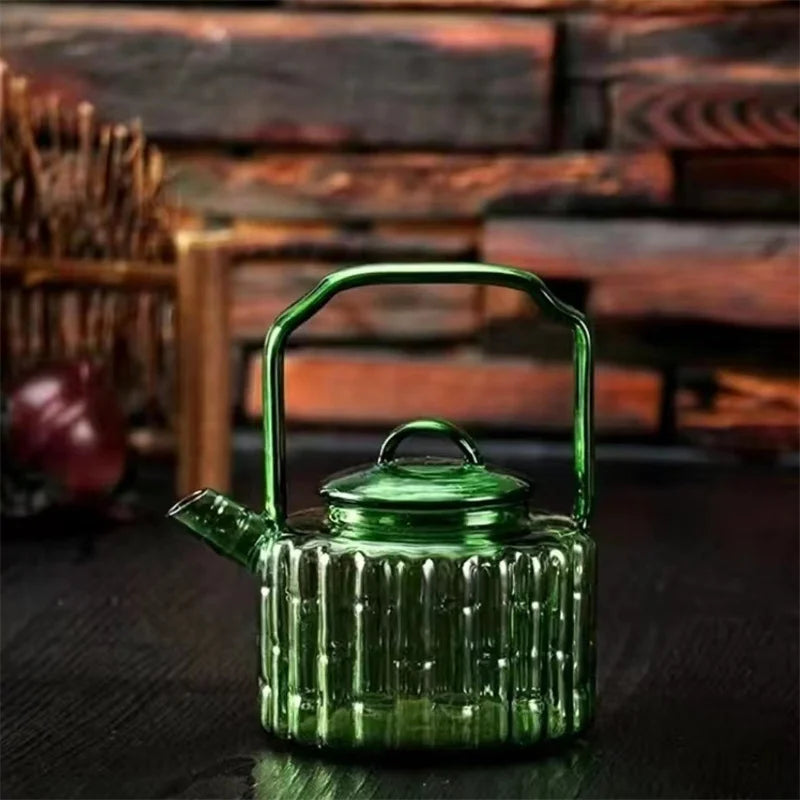 Green Bamboo Shape Glass Teapot with Built In Filter