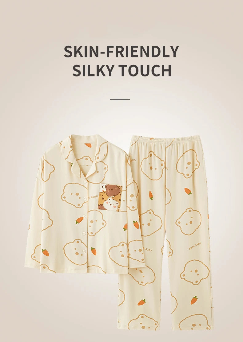 Women’s Winter 100% Cotton Pajama Set – Loose Fit, Turn-Down Collar, Long Sleeves, Cute Pink