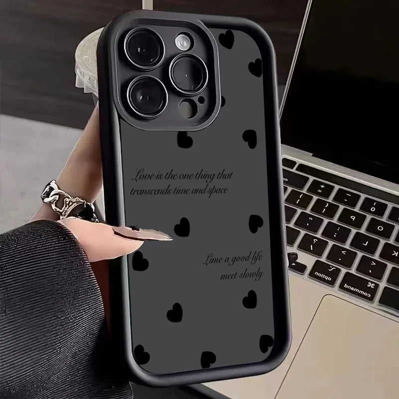Black Love Heart Soft Matte Phone Case For iPhone 17 Air 14 Pro 16E Plus Cover For iPhone 15 16 17 Pro Max Cases