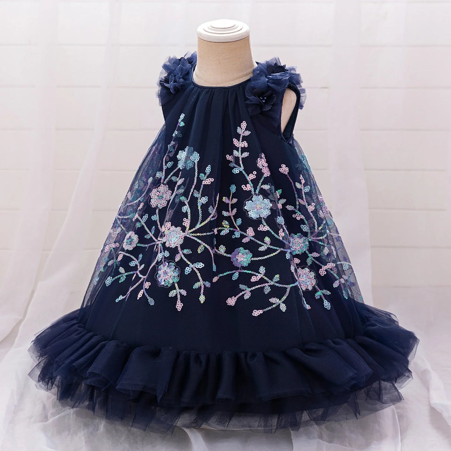 Girls Flower Embroidery Party Tutu Dress Kids Blue Christening Cosplay Dresses Girl Summer Fashion Clothes Children Holiday Wear