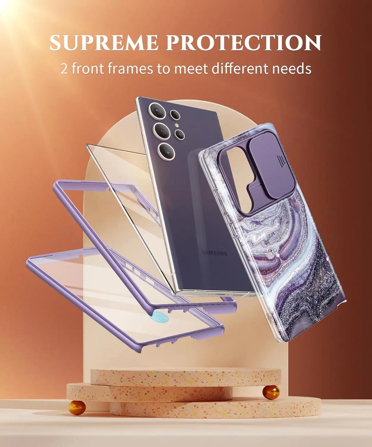 For Samsung Galaxy S24 Ultra Case with 2 Front Frames Slide Camera Lens Protection Heavy Duty Shockproof Marble Phone Case Cover