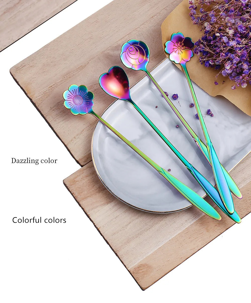 4pcs Long Flower Spoon Stainless Steel Dessert Spoons Gold Long Handle Teaspoon Mixing Scoop for Coffee Cake Kitchen Accessories