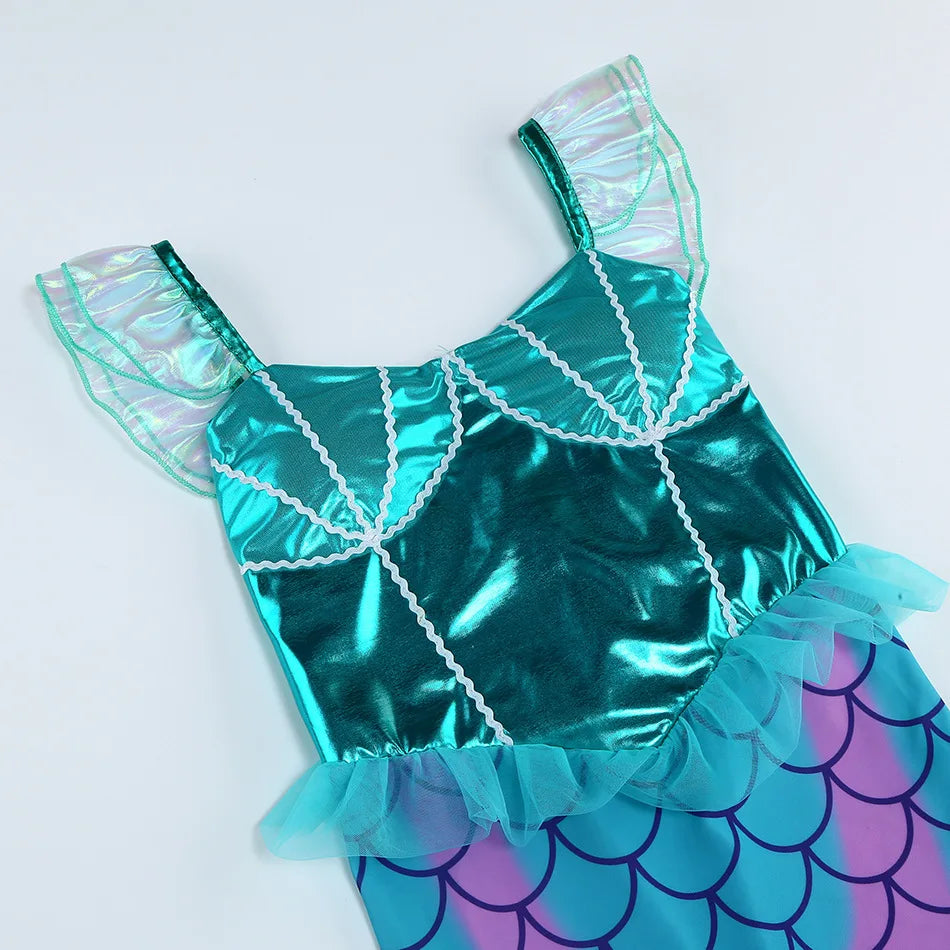 New Blue Red Purple Three Colors Mermaid Flying Sleeve Fishtail Beautiful Dress For Girl Summer Beach Party Cool Gown