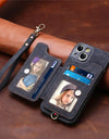 Luxury PU Leather Phone Case for iPhone 16 15 Pro Max 16e 14 Plus with Card Slot Ring Buckle Lanyard Back Cover