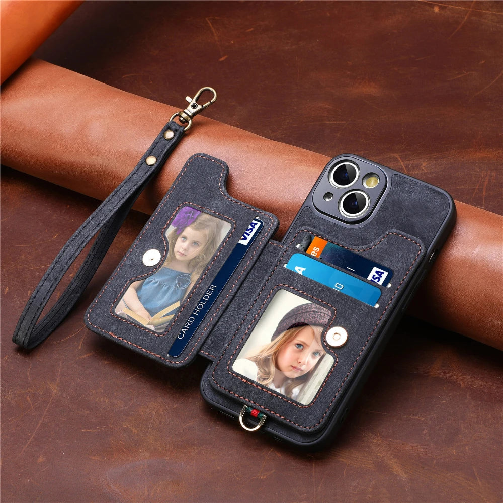 Luxury PU Leather Phone Case for iPhone 16 15 Pro Max 16e 14 Plus with Card Slot Ring Buckle Lanyard Back Cover