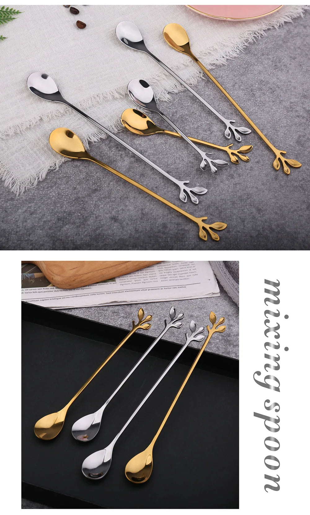 Gold Leaf Spoon for Stirring Tea Coffee Mixing Spoons Stainless Steel Tableware for Dessert Fruit Christmas Gift Home Decoratons