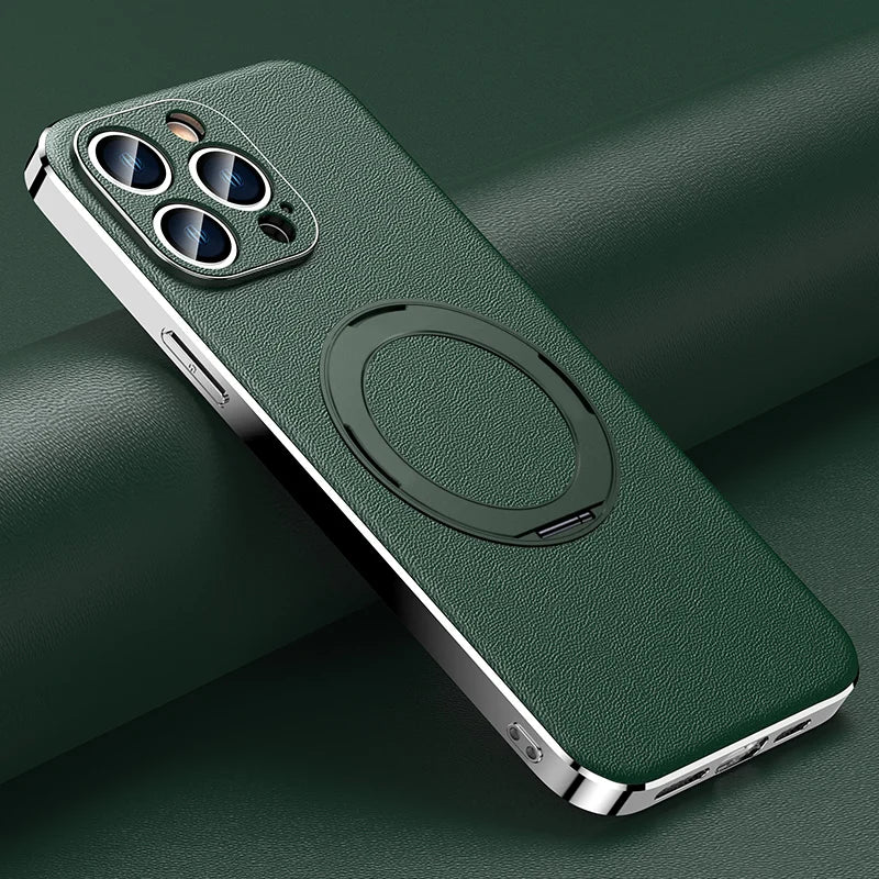 Leather for Magsafe Case for iPhone 16 15 14 Pro Max 16Pro Ring Luxury Lens Protection Holder Phone Back Cover