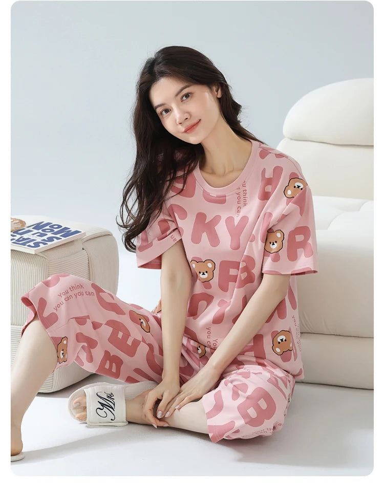 2-Pcs Women’s Cotton Pajama Set – Breathable Short Sleeve Summer Sleepwear with Cute Prints