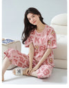 2-Pcs Women’s Cotton Pajama Set – Breathable Short Sleeve Summer Sleepwear with Cute Prints