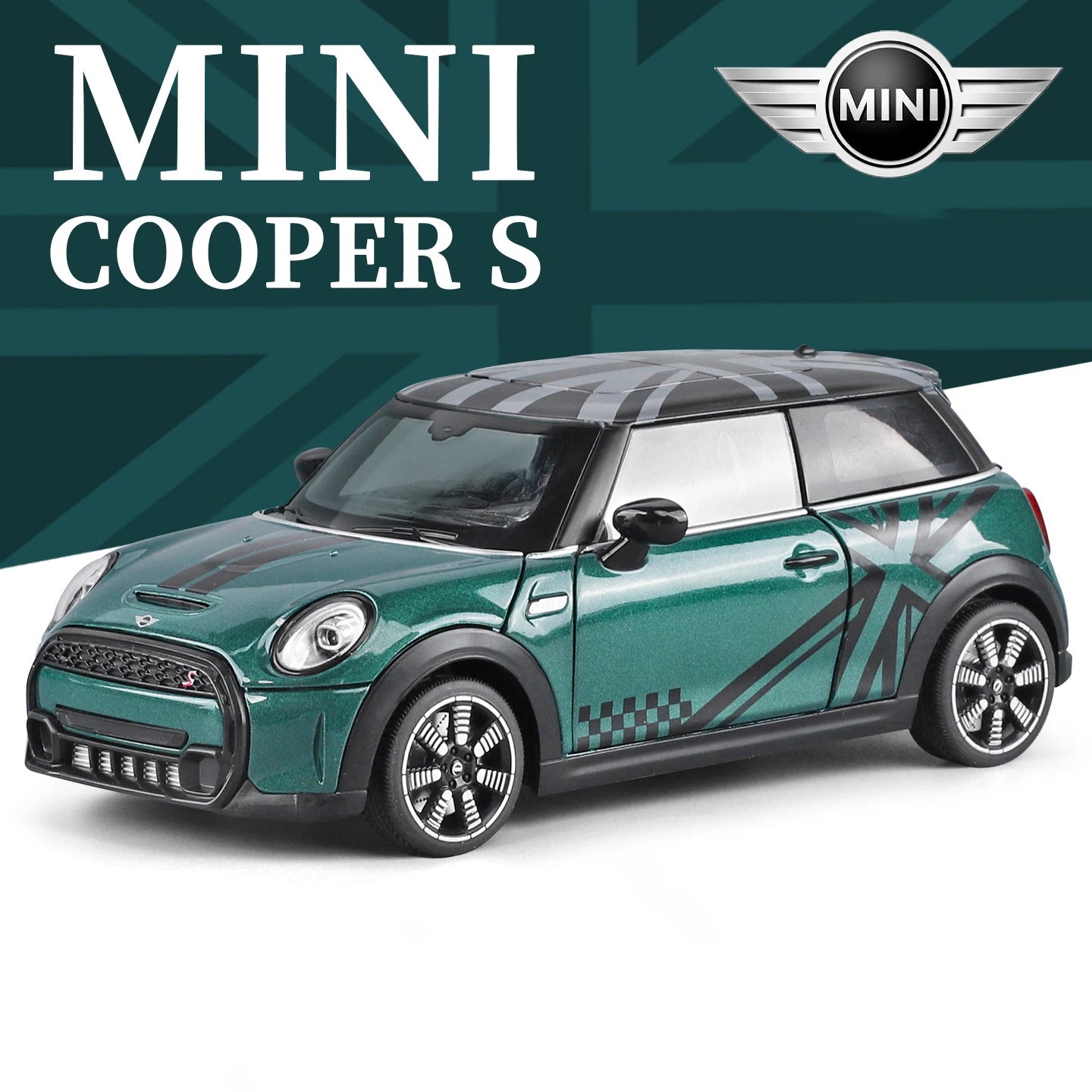 1 24 Scale Mini Cooper S Union Flag Diecast Pull Back Model Car with Sound and Light