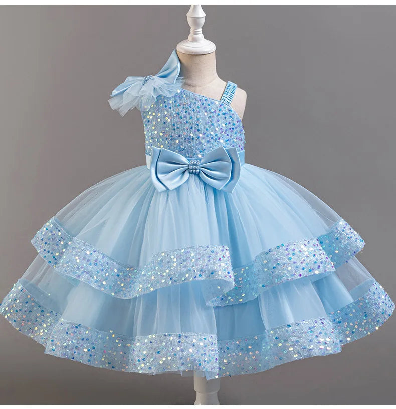 New Girls Sequin Tulle Cake Dress - Sparkling Layered Princess Gown for Baby‘s 1st Birthday & Banquet