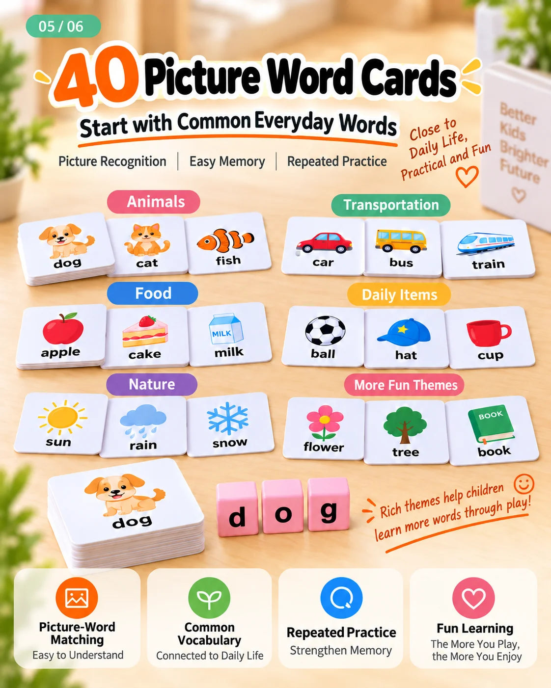 Wooden English Word Spelling and Memory Matching Game