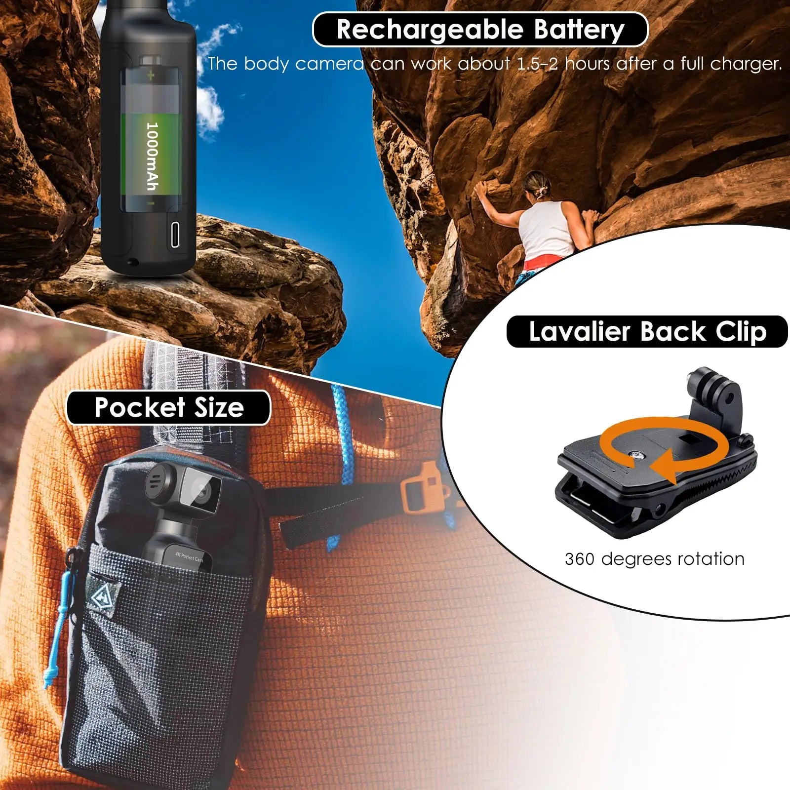 4K HD Pocket Action Camera 270° Rotatable Anti Shaking Wifi Sports Camera 30m Waterproof Small Video Camcorder for Photography